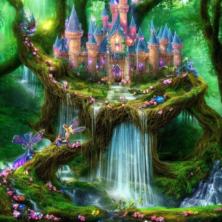 Enchanted forest scene with fairytale castle, waterfall, greenery, flowers, fairies