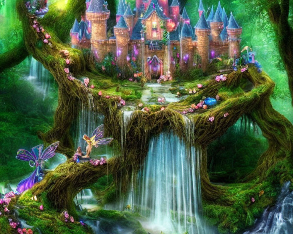 Enchanted forest scene with fairytale castle, waterfall, greenery, flowers, fairies