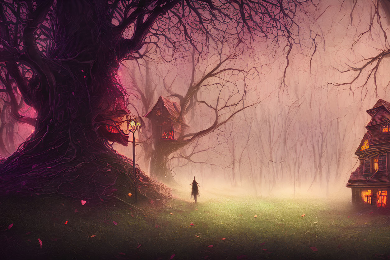 Enchanted forest scene with illuminated houses, cloaked figure, pink fog