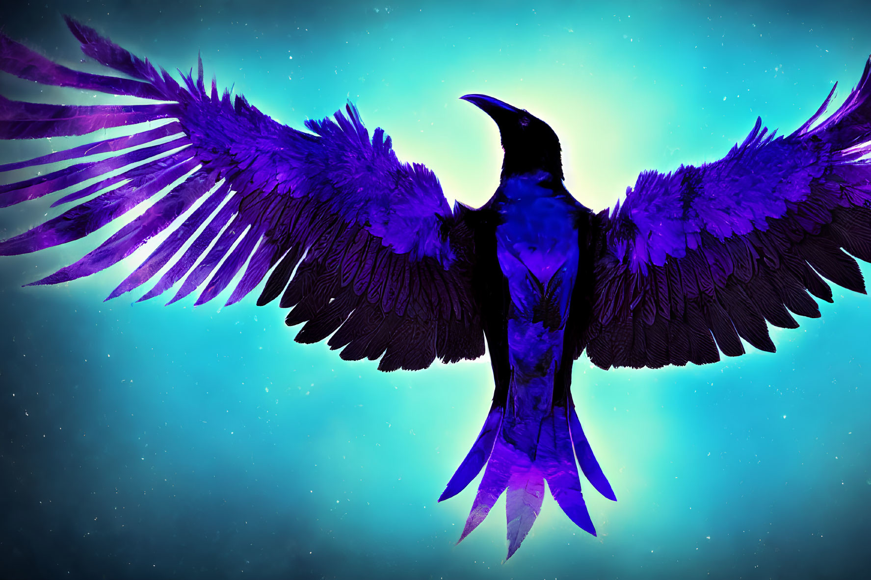 Majestic raven with vibrant purple feathers in starry night scene