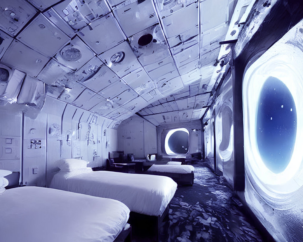 Space-themed Bedroom with Two Beds and Starry Circular Windows