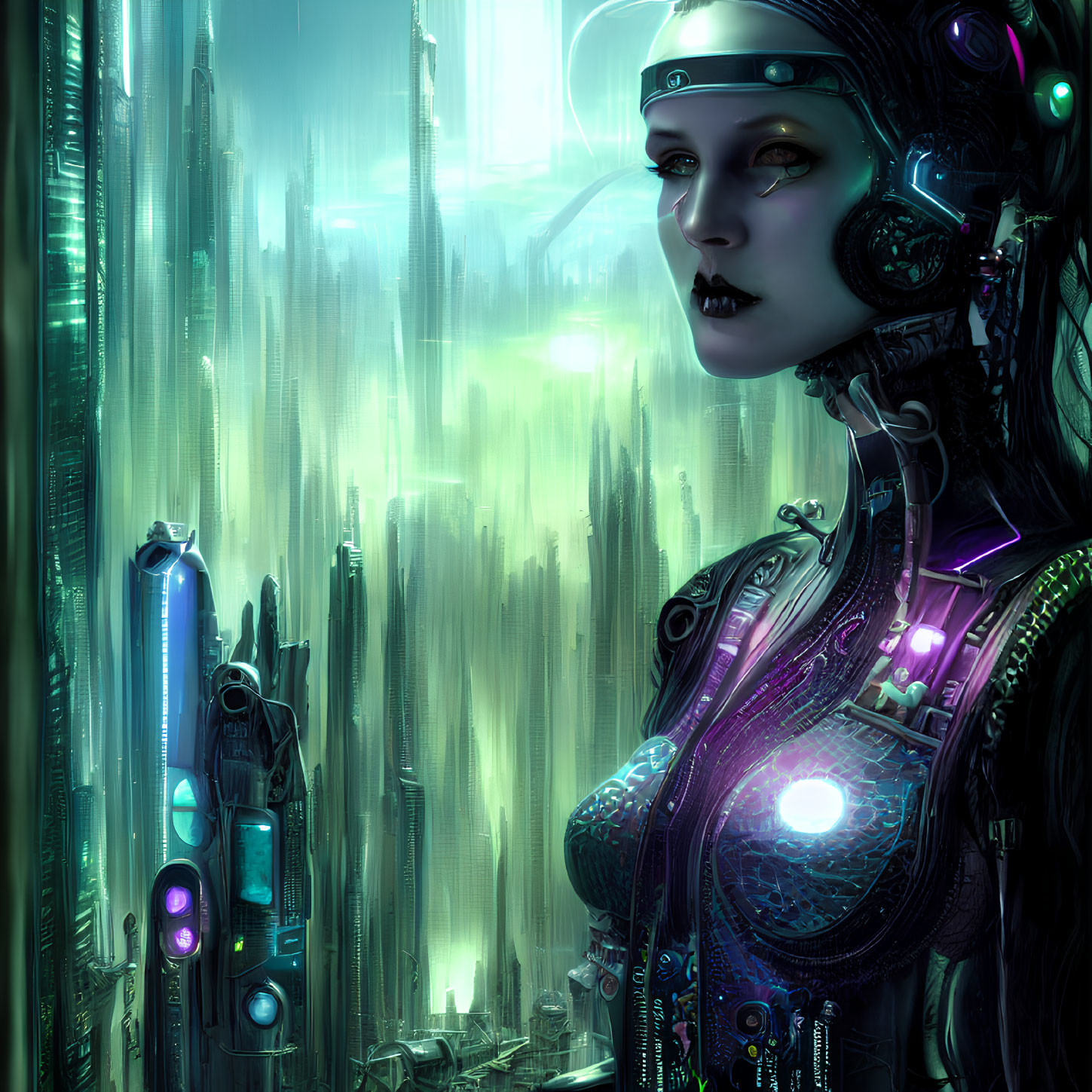 Cybernetic woman with intricate enhancements in futuristic cityscape