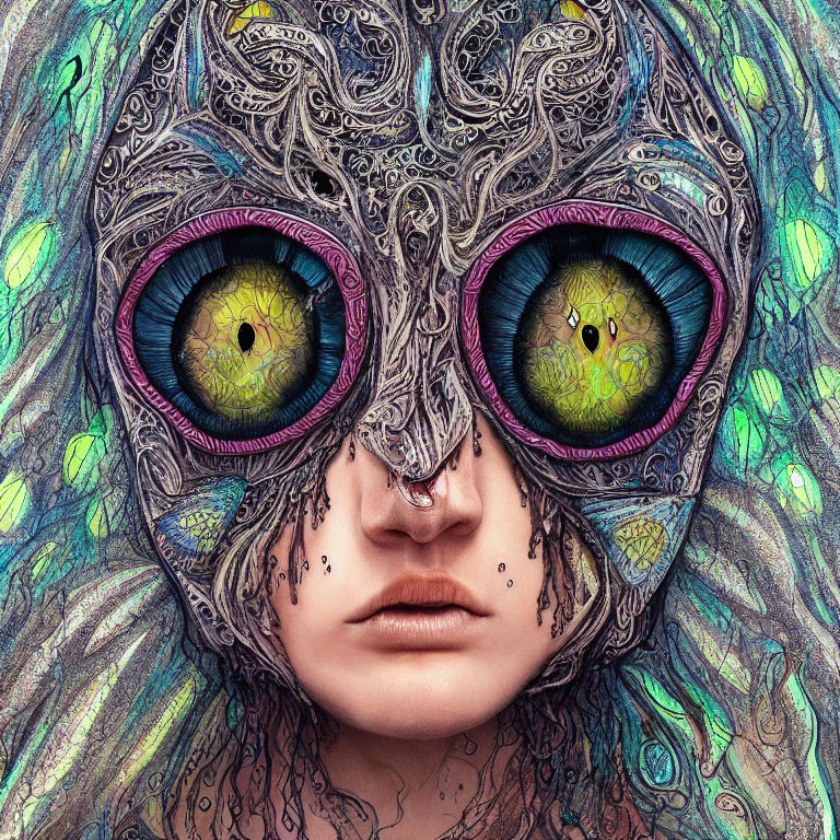 Colorful surreal portrait with oversized eyes and intricate patterns