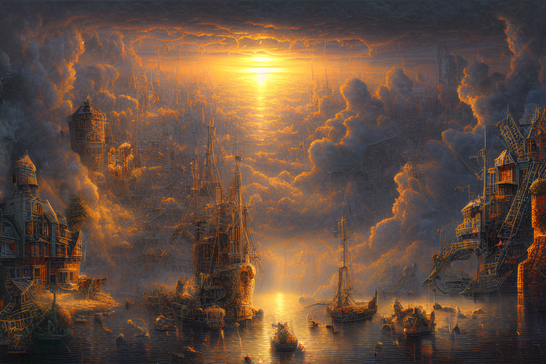 Fantasy cityscape with tall ships, sunlit water, heavy clouds, and vivid sun rays at