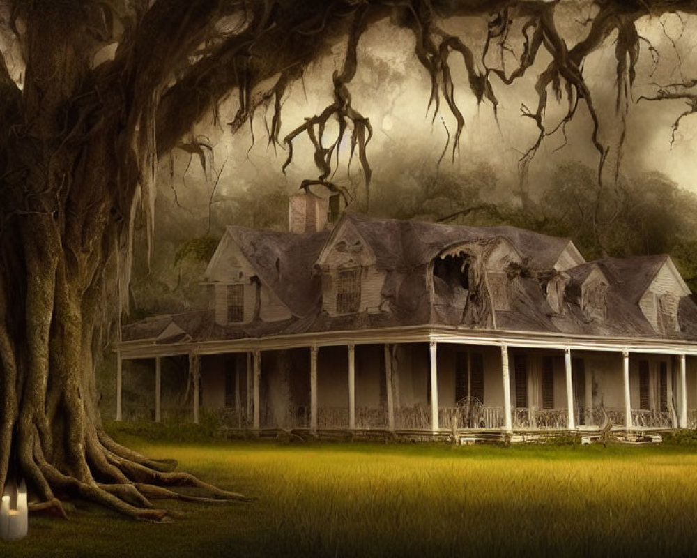 Dilapidated plantation-style house with gnarled tree in misty setting