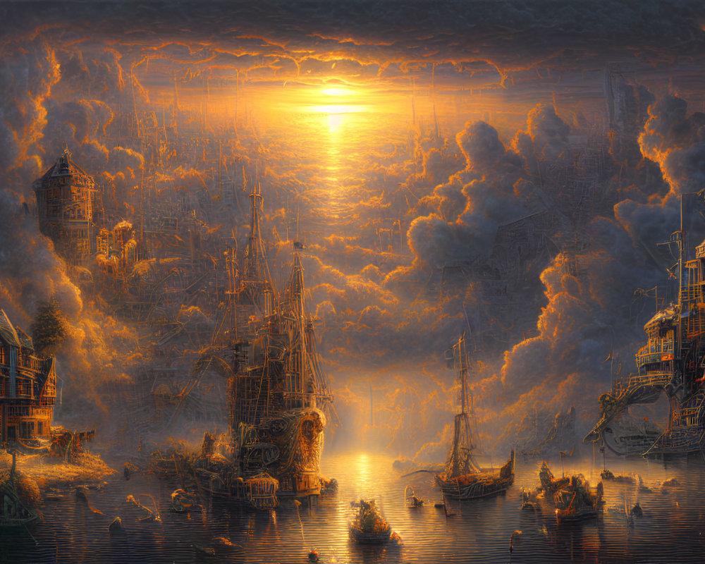 Fantasy cityscape with tall ships, sunlit water, heavy clouds, and vivid sun rays at