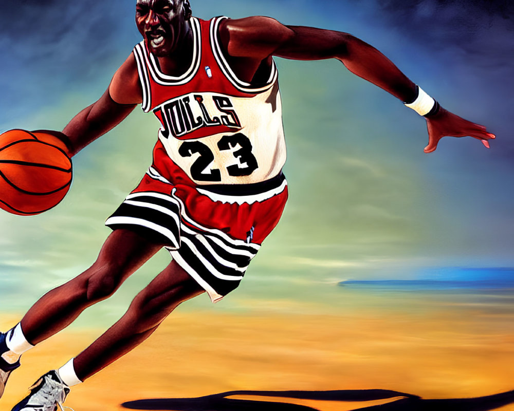 Vibrant basketball player in red Bulls #23 jersey dribbling under vivid sky