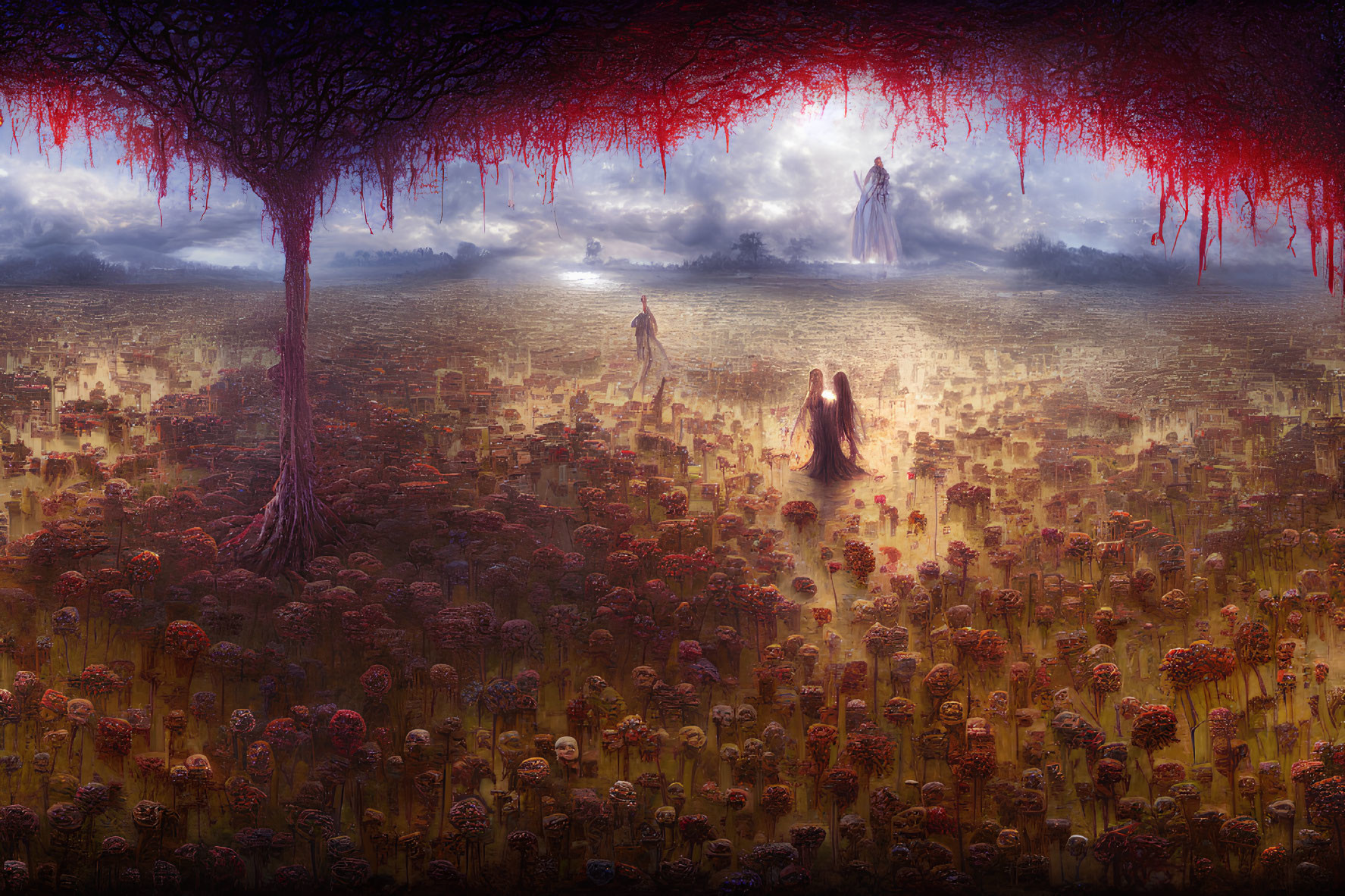 Ethereal landscape with skulls, weeping tree, and ghostly figures