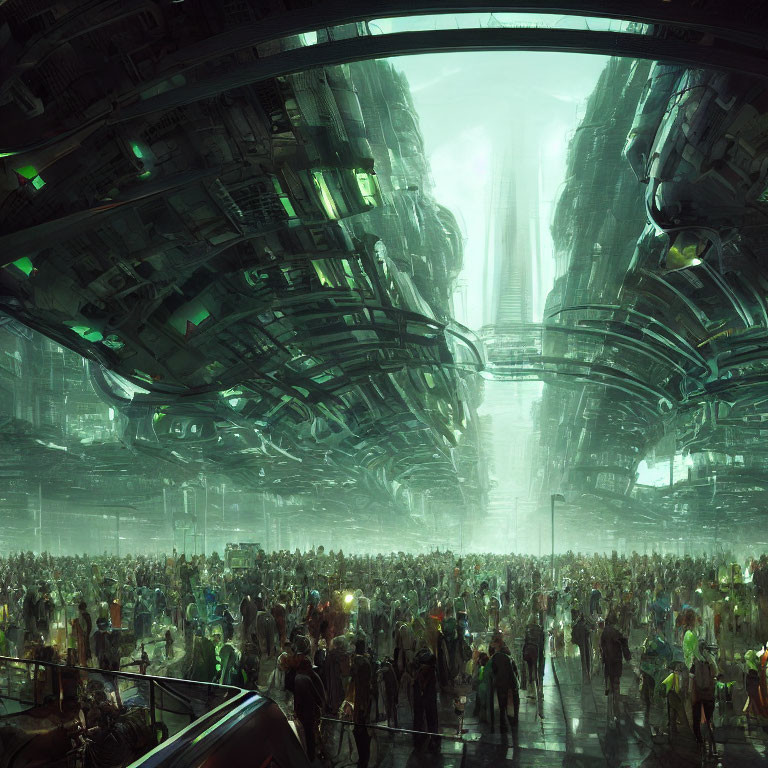 Futuristic cityscape with crowds, tall buildings, green hues, and curved ceiling