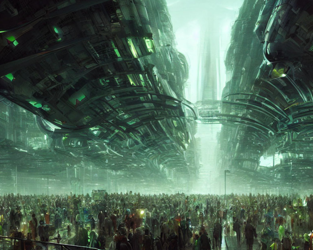 Futuristic cityscape with crowds, tall buildings, green hues, and curved ceiling