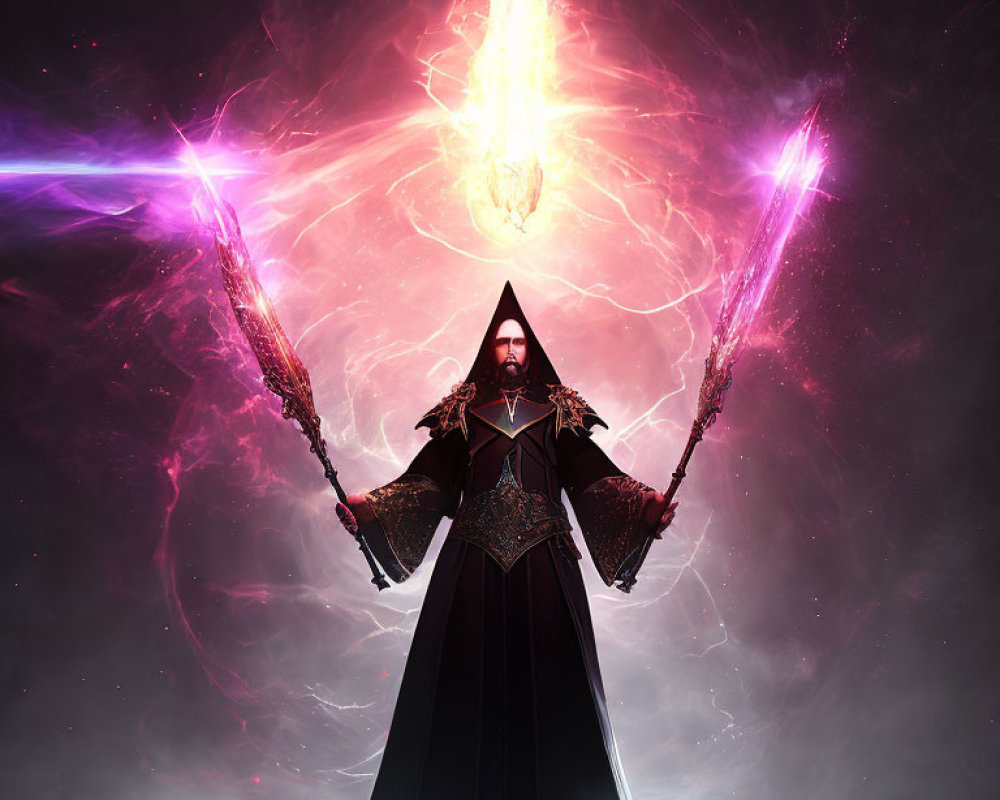 Hooded Figure with Glowing Orb and Purple Beams