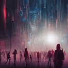 Silhouetted figures walking in futuristic city street with neon lights