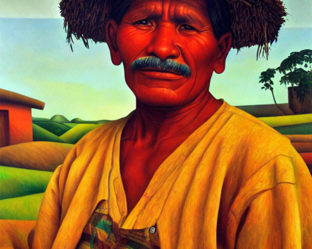 Man with Straw Hat and Mustache in Yellow Shirt in Rural Landscape