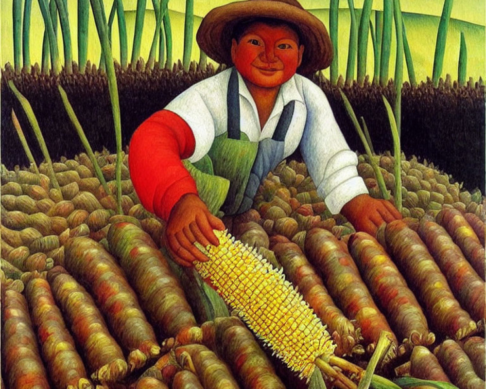 Person in straw hat smiling with corn in carrot field