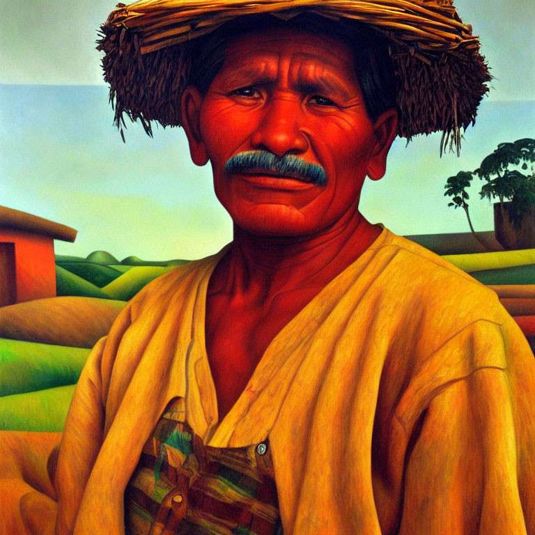 Man with Straw Hat and Mustache in Yellow Shirt in Rural Landscape