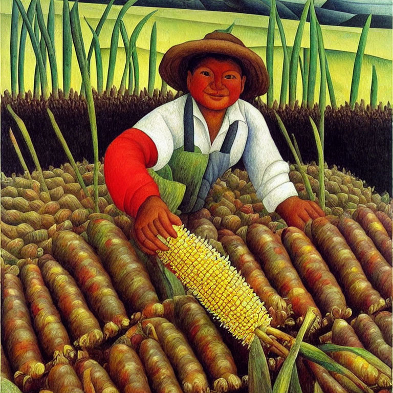 Person in straw hat smiling with corn in carrot field