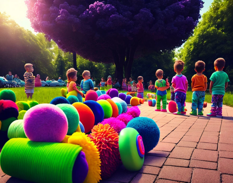 Vibrant children's toys with toddlers in sunny park setting