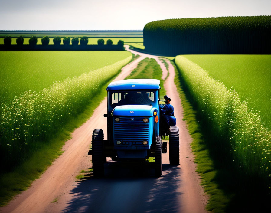 Blue tractor on dirt road between green fields under clear sky