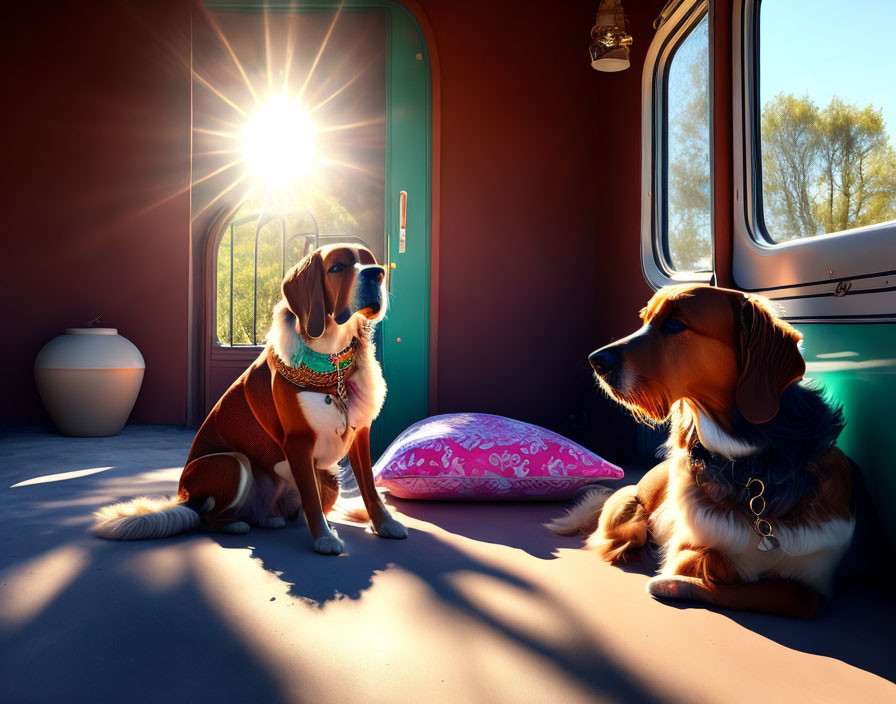 Two dogs with collars in a sunlit room creating a cozy scene.