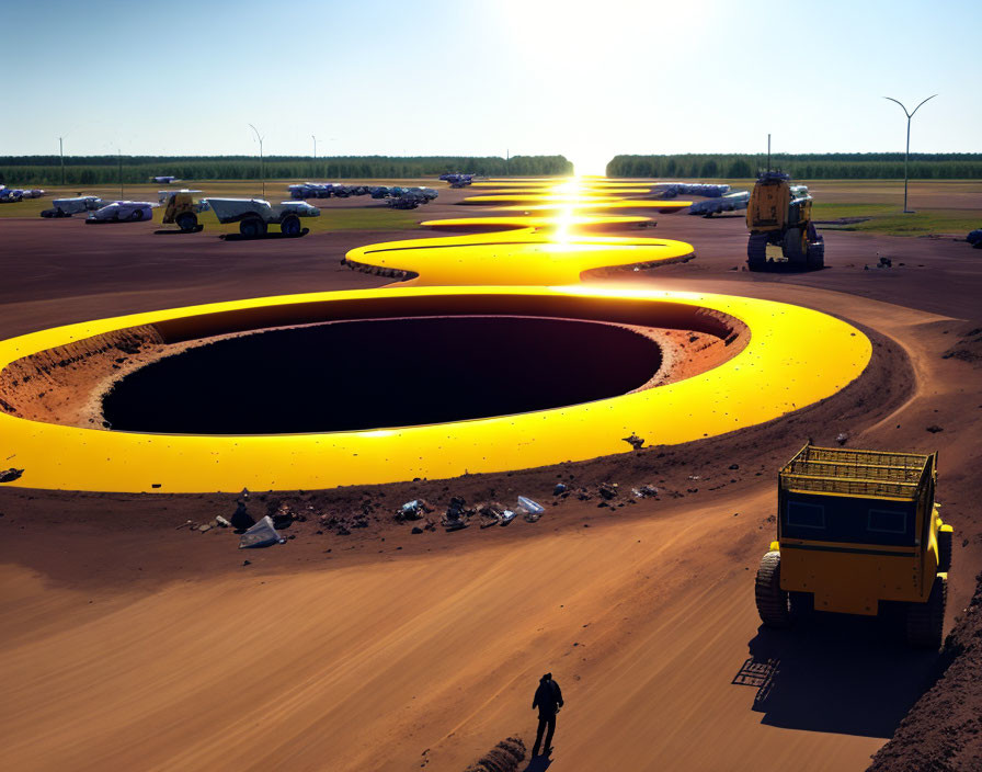 Construction site with heavy machinery and workers under low sun shadows