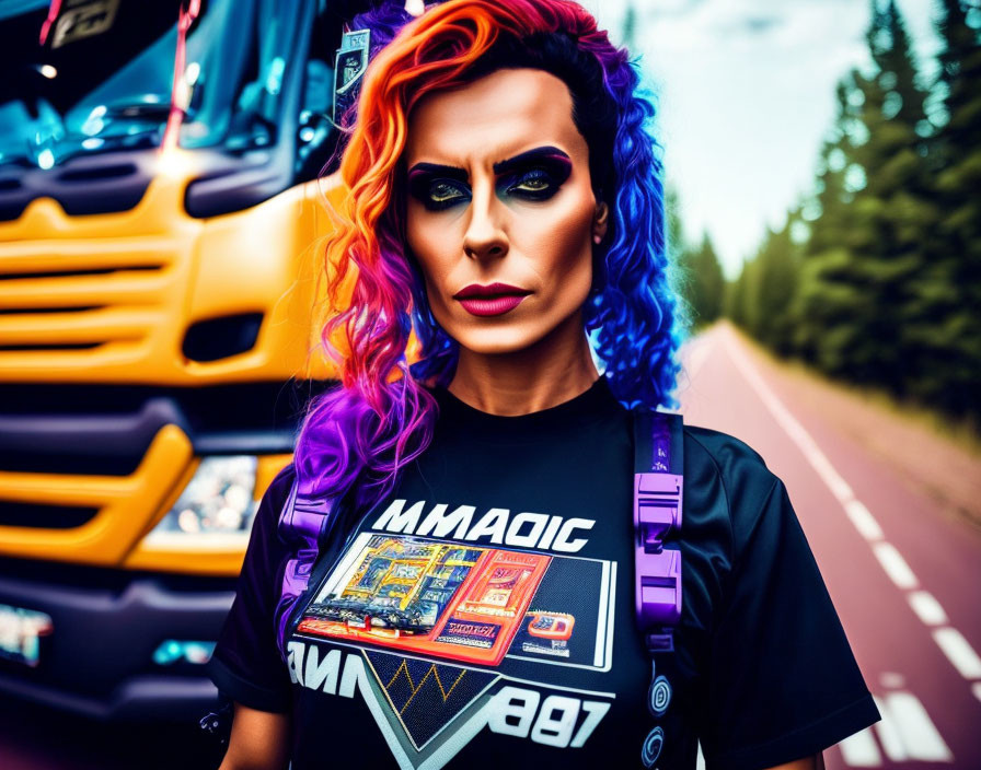 Person with Rainbow Hair and Bold Makeup on Road with Truck