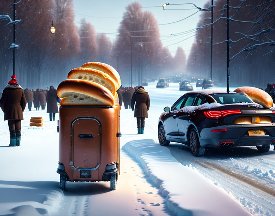 Suitcase on Wheels with Large Loaves of Bread in Snowy Scene