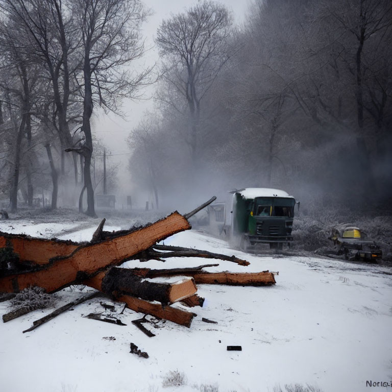 Foggy winter landscape with tree logs, green truck, and yellow car