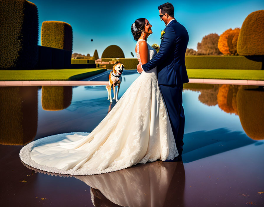 Bride, Groom, and Dog by Reflective Pond in Manicured Garden