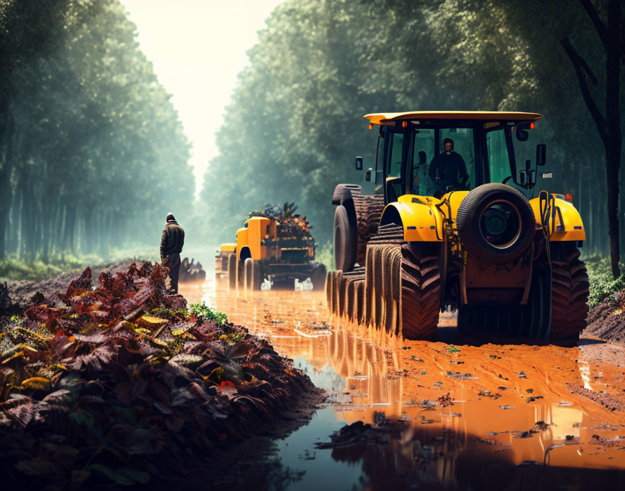 Rural road with muddy puddles reflects yellow tractor and another vehicle in lush greenery on misty