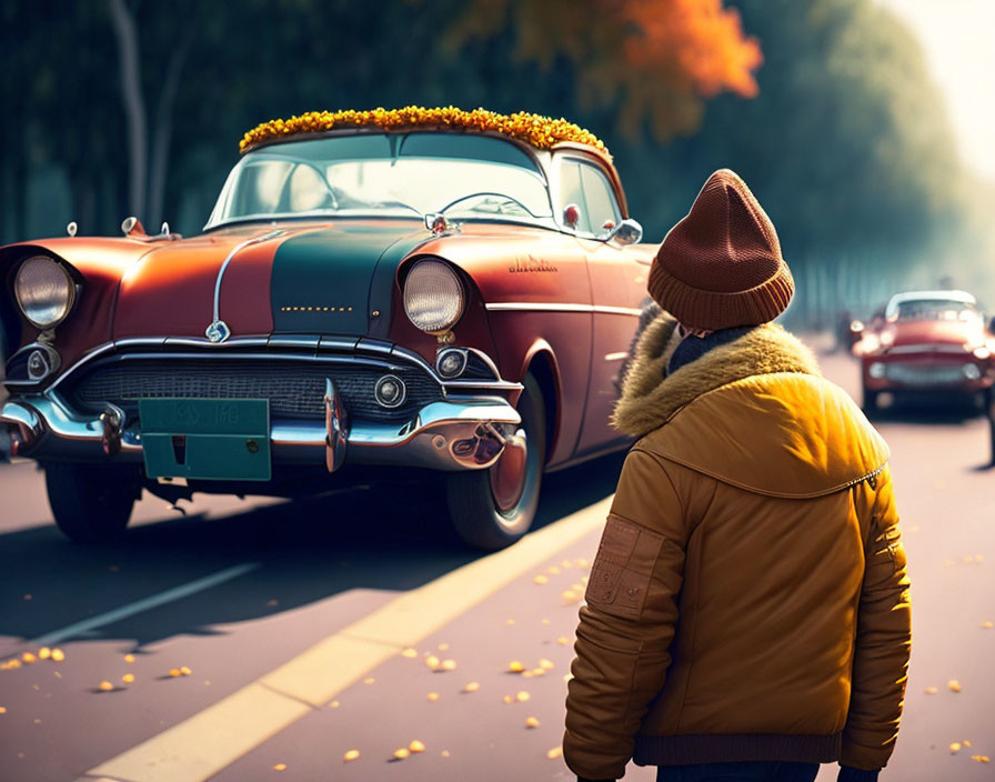 Person in brown hat and yellow jacket with classic car and autumn trees.