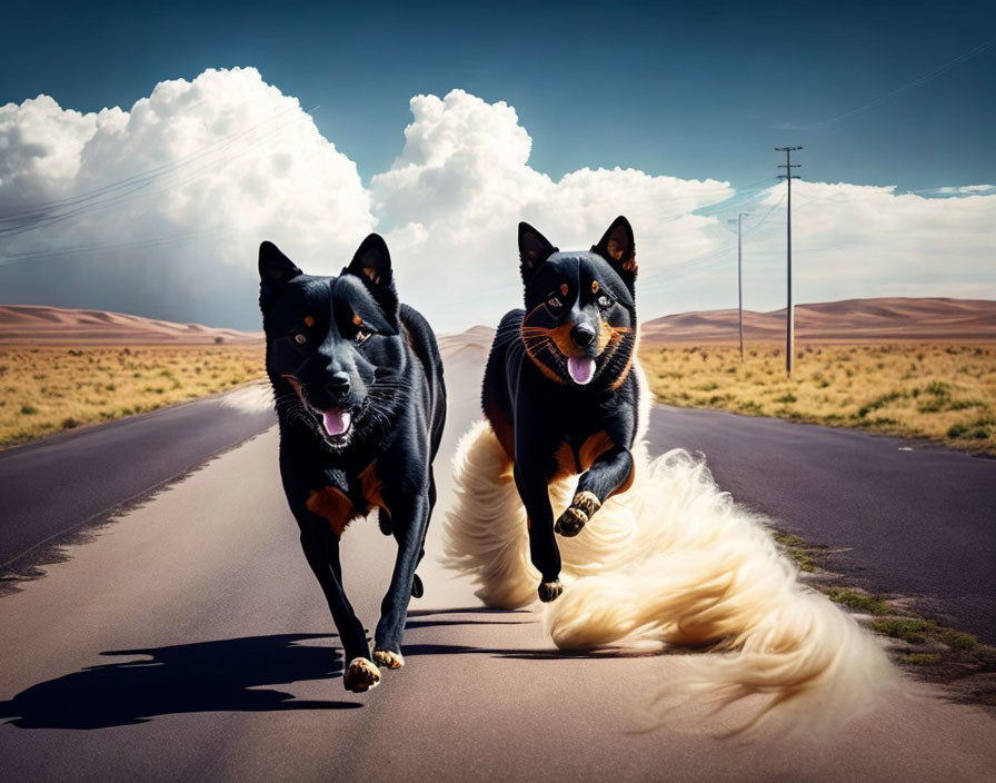 Two black dogs with brown markings running in desert landscape.