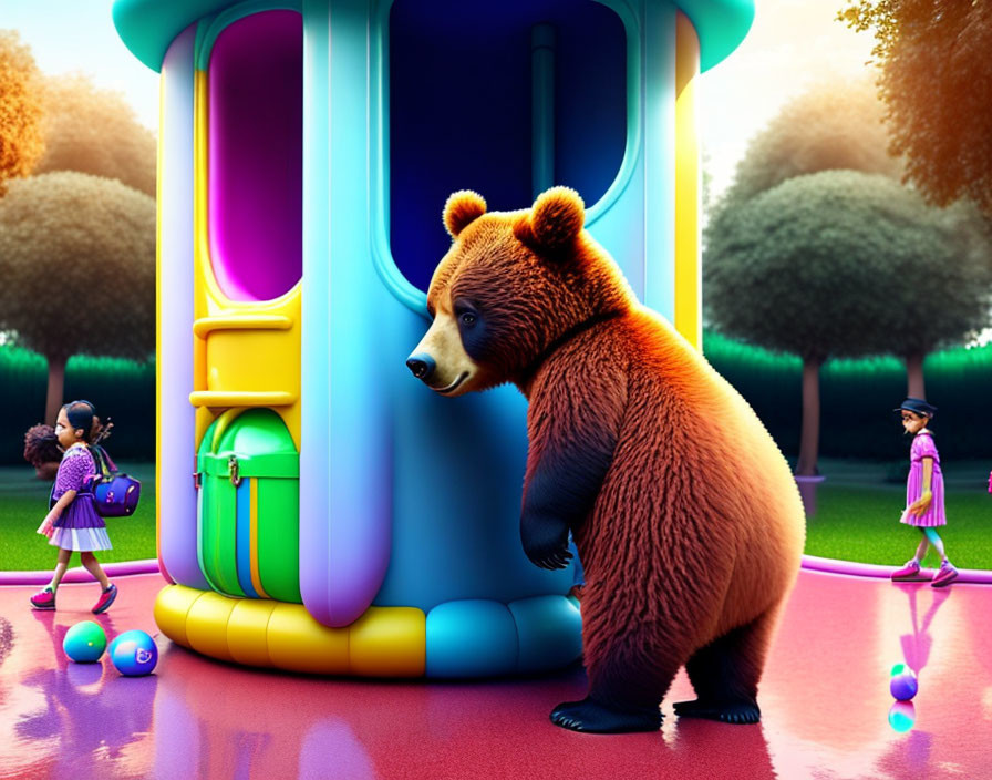 Giant bear next to colorful inflatable slide with children walking by