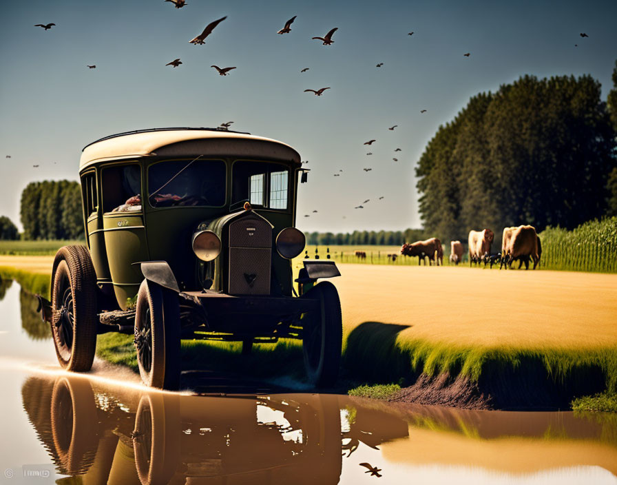 Vintage Car Parked by Water with Cows and Birds in Countryside