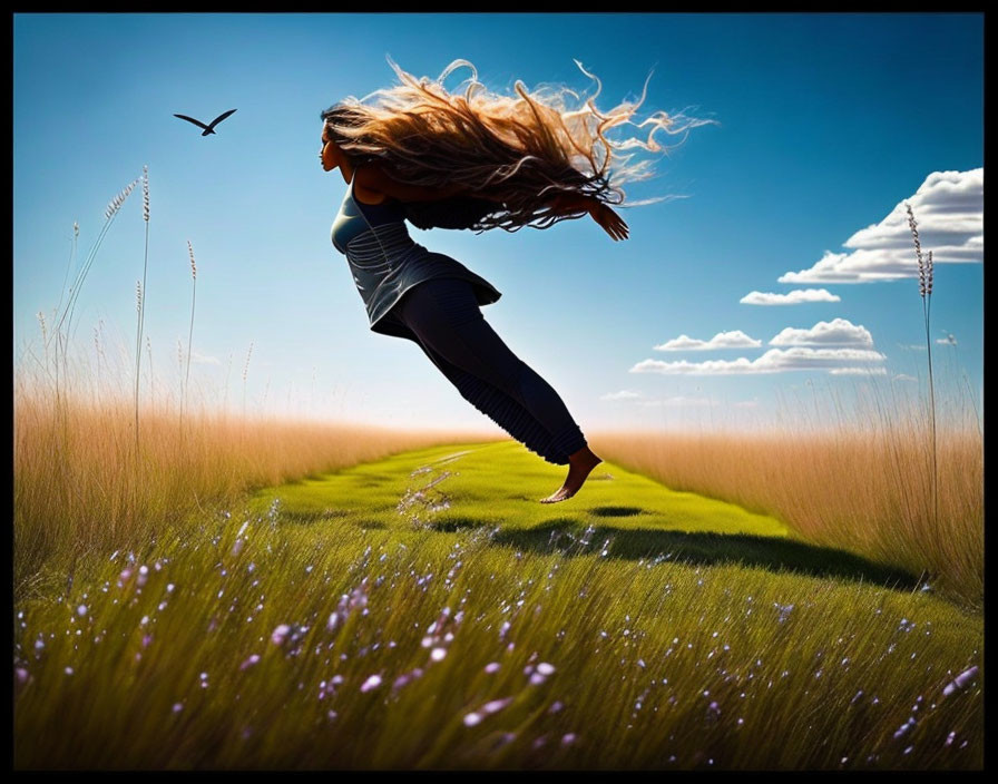 Joyful woman with flowing hair leaping in grassy field under blue sky