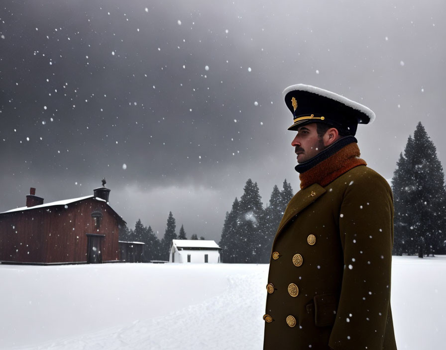 Military Man in Snowy Landscape with Wooden Cabin