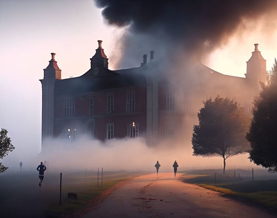 Smoke billows from old building in foggy scene with people walking.