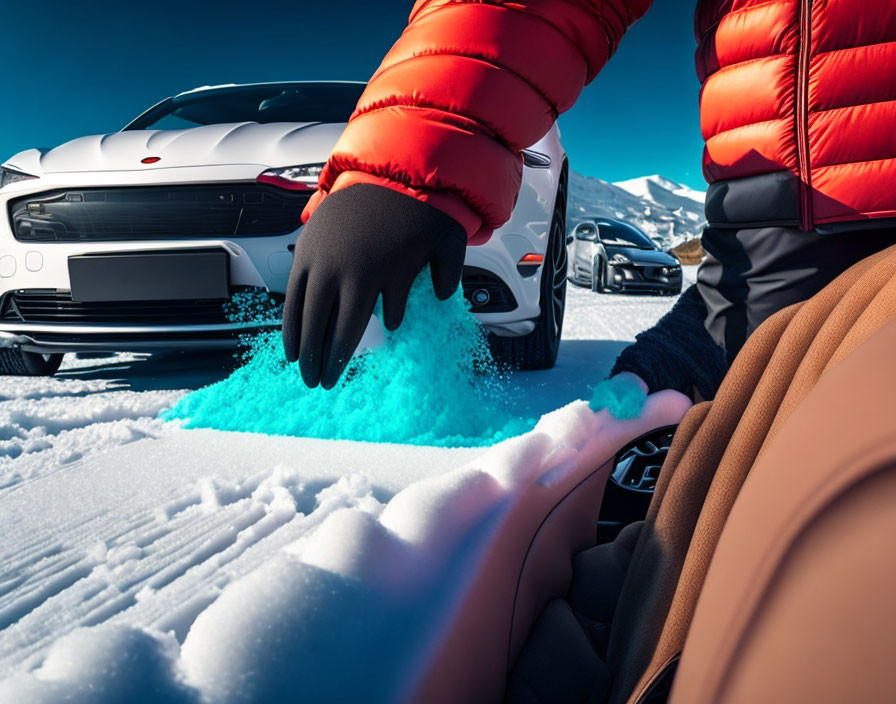 Red jacket person scoops blue snow near sleek cars on sunny day