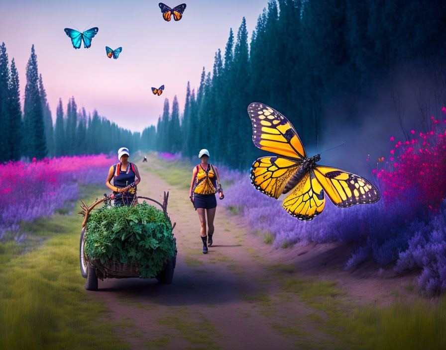 Individuals push wheelbarrow with plants on flower-lined path in forest.