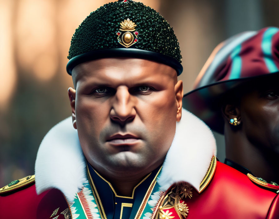 Ceremonial military uniform with green cap and red jacket