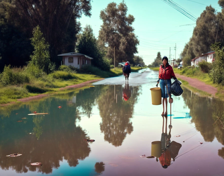 Person walking with yellow container in flooded street, reflecting trees and sky, with another person.