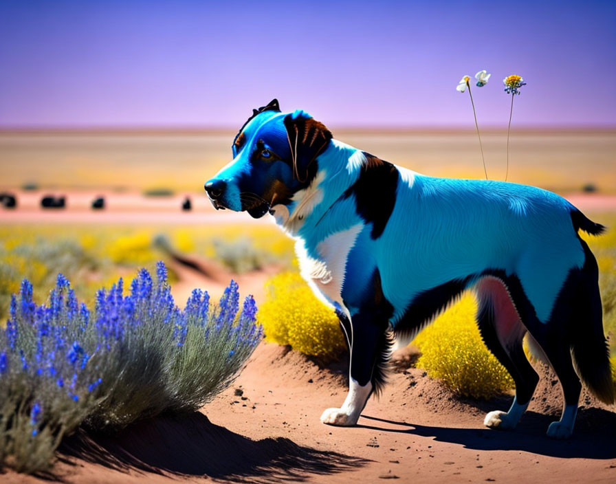 Blue-coated dog in desert landscape with sparse vegetation and flowers.