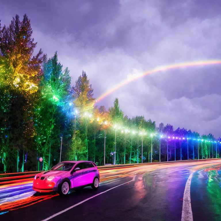 Vibrant pink car under striking rainbow on light trail road