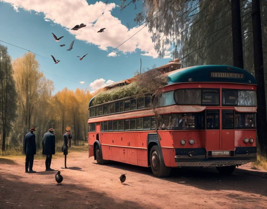 Vintage Clothing Men Near Red Double-Decker Bus in Forest Clearing