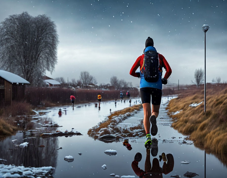 Runners on wet path with snowflakes, bare trees, and cloudy sky at twilight