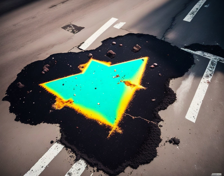 Vivid Neon Blue and Yellow Downward Arrow on Street Asphalt