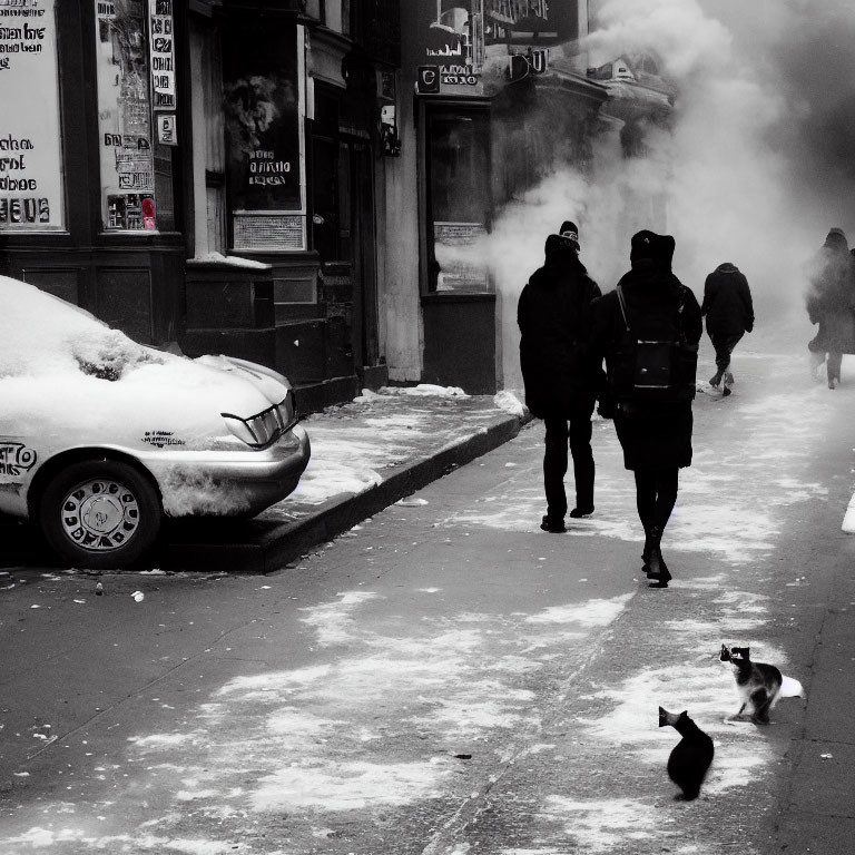 Monochrome cityscape with snow-covered street, pedestrians, steam, and cats