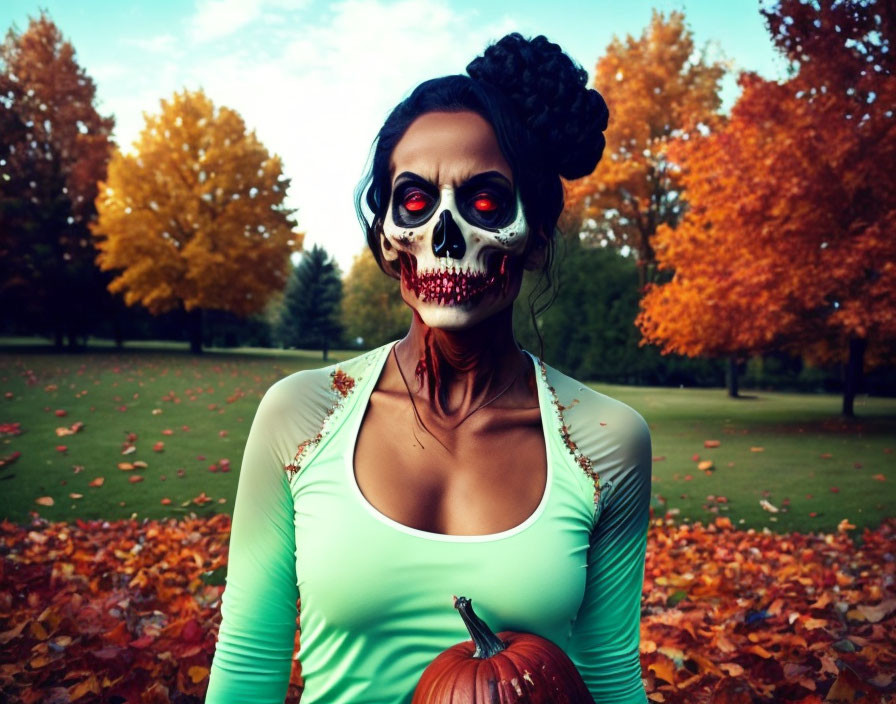 Person with skull makeup holding pumpkin in autumn setting