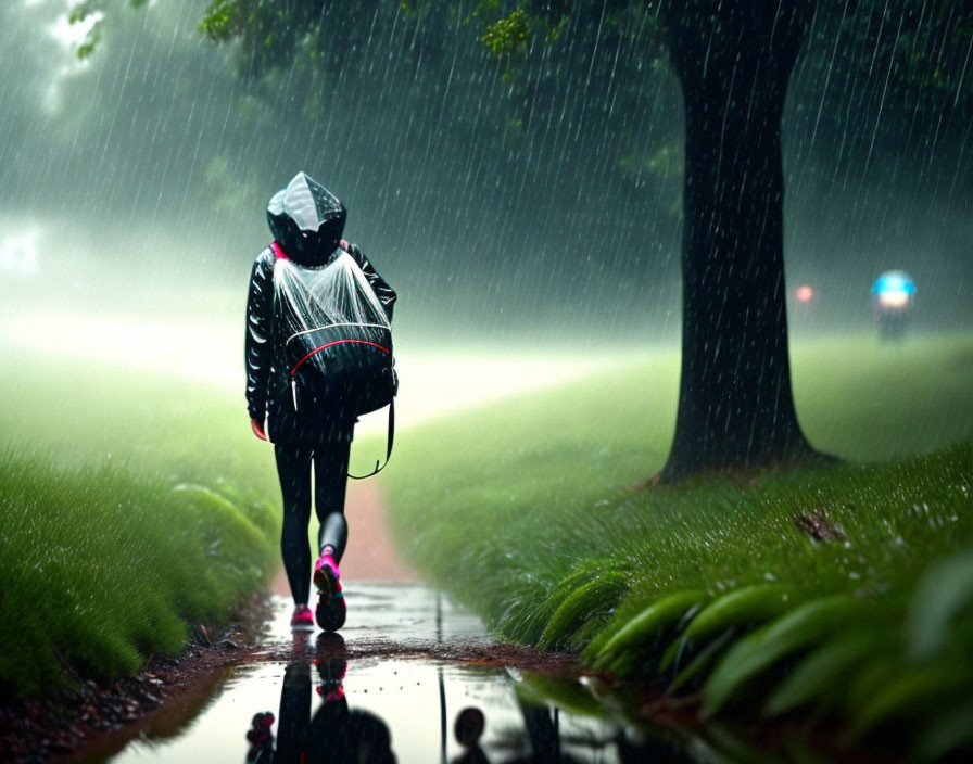 Person in raincoat with backpack walks on wet path in downpour