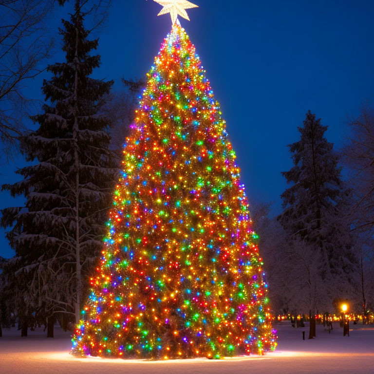 Colorful lights on large outdoor Christmas tree with star topper against snowy landscape