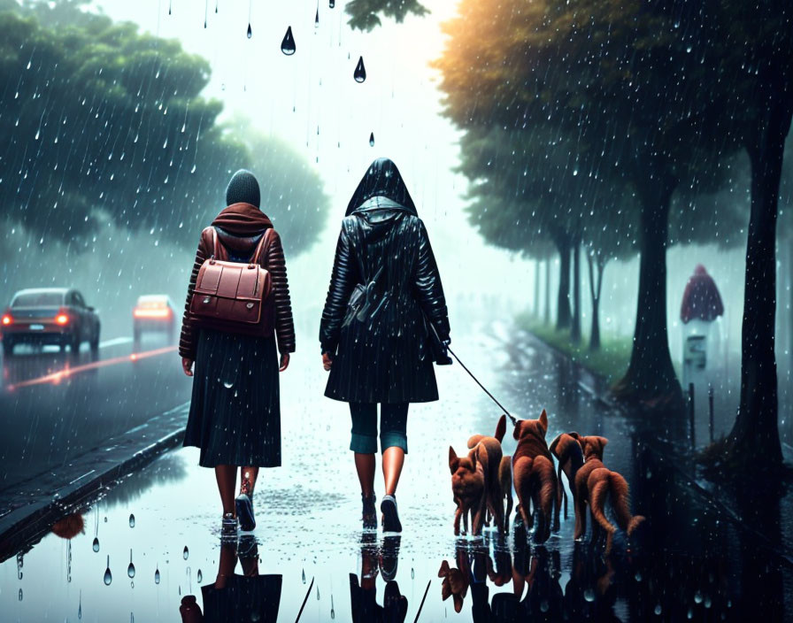 People with umbrellas and a dog walk on wet street under rain with cars and trees.